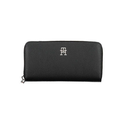 Tommy Hilfiger Black Polyethylene Women Wallet with zip closure and logo, featuring a stylish and practical design for modern trendsetters.
