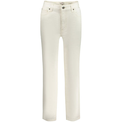 Guess Jeans White Cotton Women Jeans with traditional five-pocket design and button closure, featuring Guess logo, designed for a flattering fit.