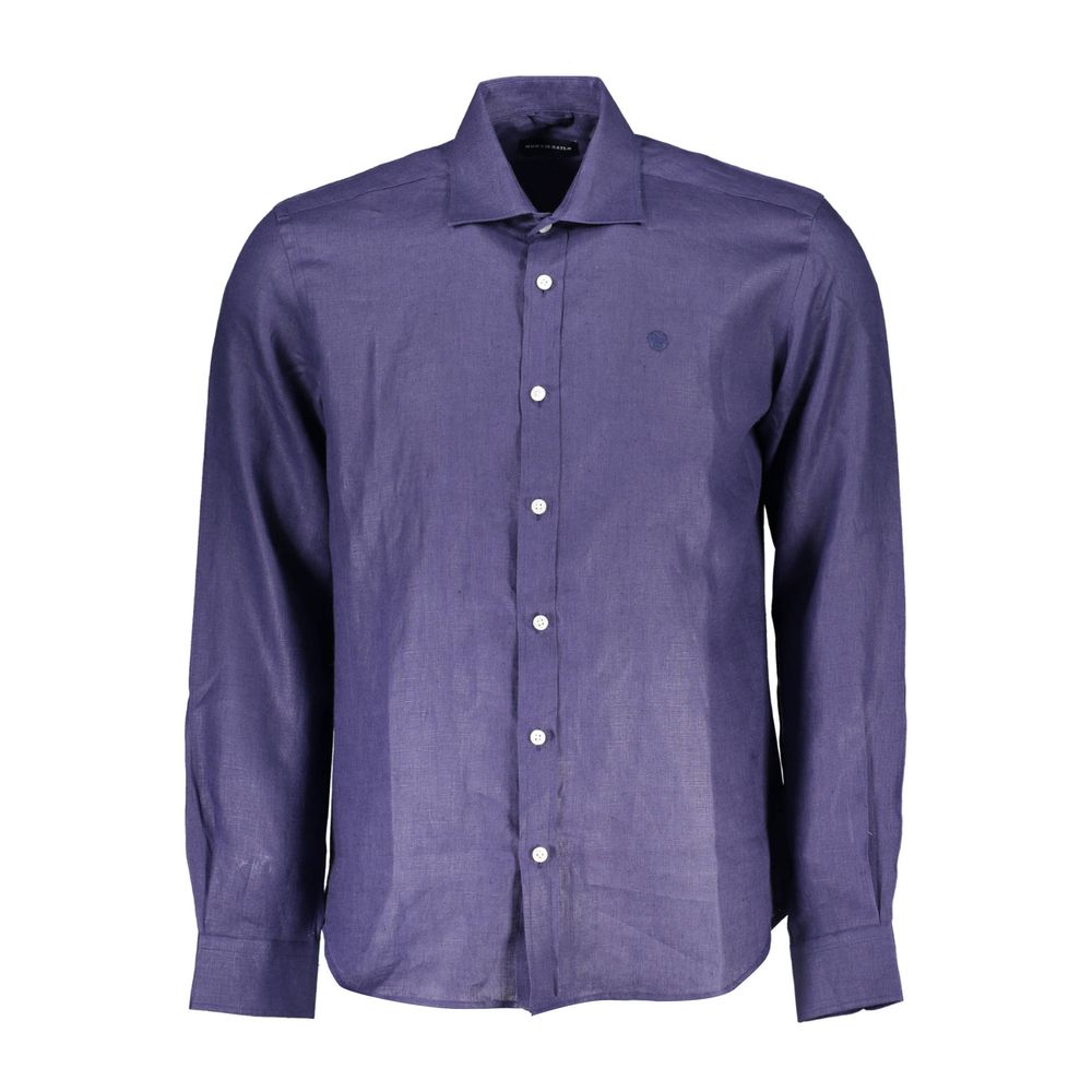 North Sails Blue Linen Men Shirt with Italian collar and embroidery logo.