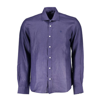 North Sails Blue Linen Men Shirt with Italian collar and embroidery logo.