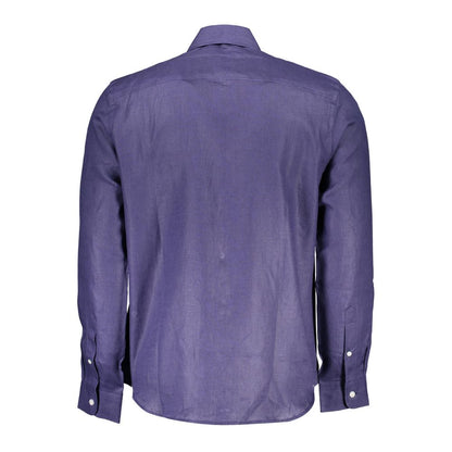 Back view of North Sails Blue Linen Men Shirt with long sleeves and button cuffs.