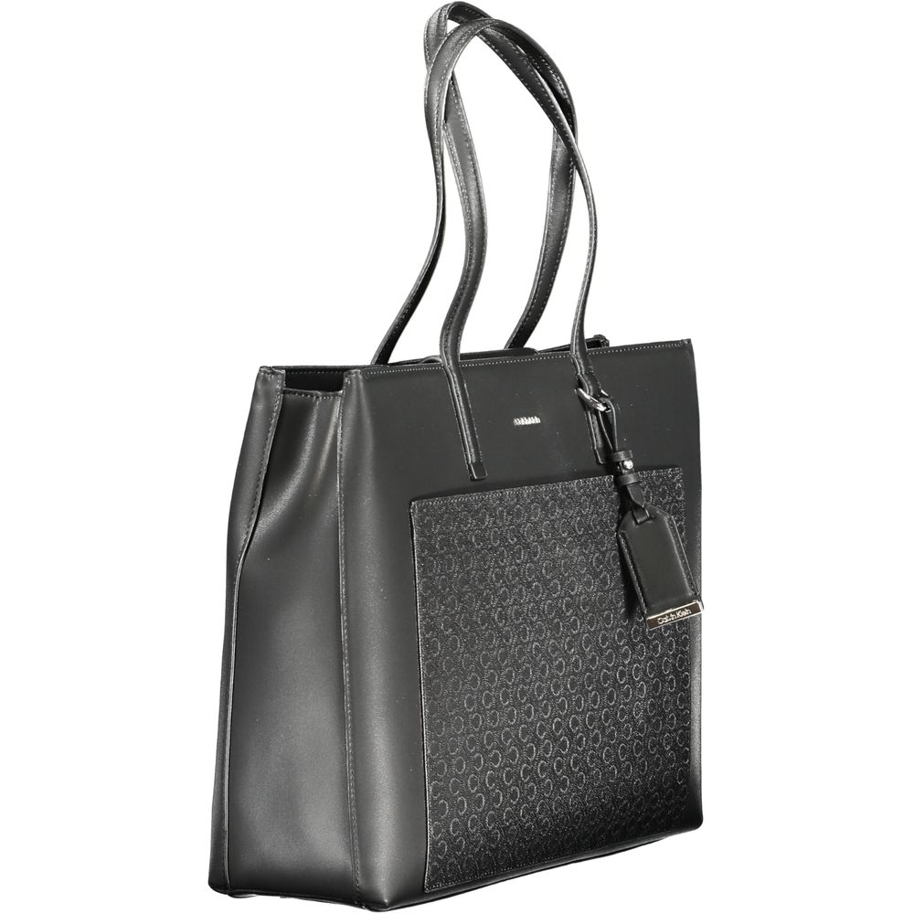 Calvin Klein Black Polyester Women Handbag with dual straps and logo embellishment, featuring chic external pocket and multiple compartments.