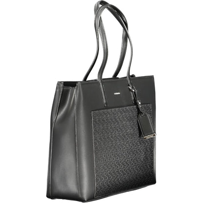 Calvin Klein Black Polyester Women Handbag with dual straps and logo embellishment, featuring chic external pocket and multiple compartments.