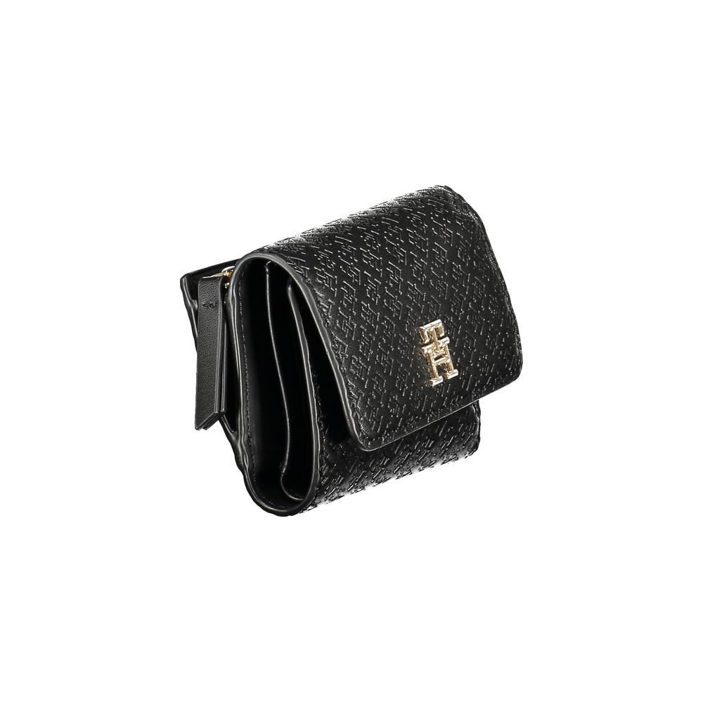 Tommy Hilfiger Black Polyethylene Women Wallet with elegant texture and gold accent, featuring advanced secure closures.