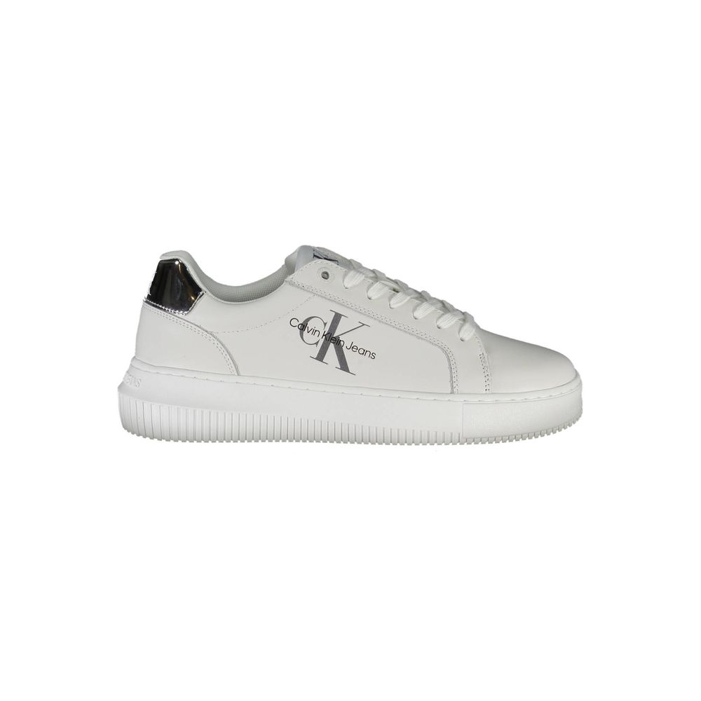 Calvin Klein White Polyester Sneaker with laces, contrasting details, contrasting sole, and logo made from recycled polyester.