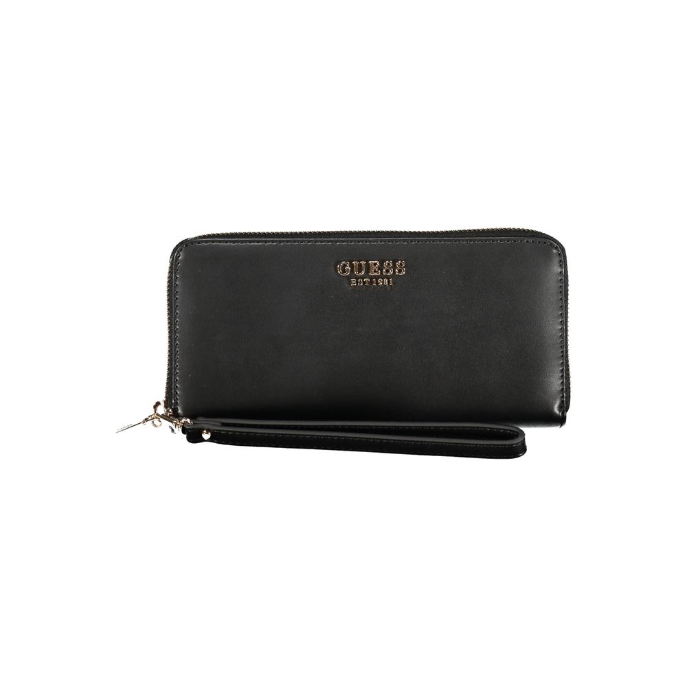 Guess Jeans Black Polyethylene Wallet with logo, zip closure, four compartments, coin purse, and external pocket.