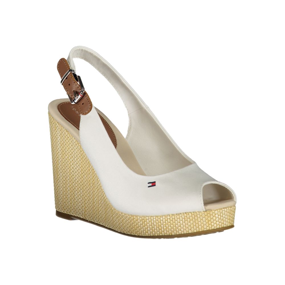 Tommy Hilfiger White Cotton Sandal with 11 cm wedge, buckle lacing, contrast details, and logo embroidery