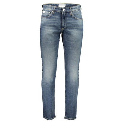Calvin Klein Blue Cotton Men Jeans featuring a modern washed effect and five-pocket design, made with 20% recycled cotton for style and comfort.