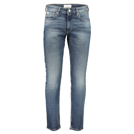 Calvin Klein Blue Cotton Men Jeans featuring a modern washed effect and five-pocket design, made with 20% recycled cotton for style and comfort.