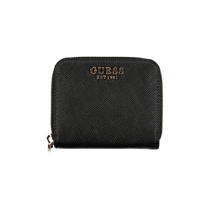 Guess Jeans Black Polyethylene Wallet featuring zip closure, card spaces, logo, and coin purse functionality.