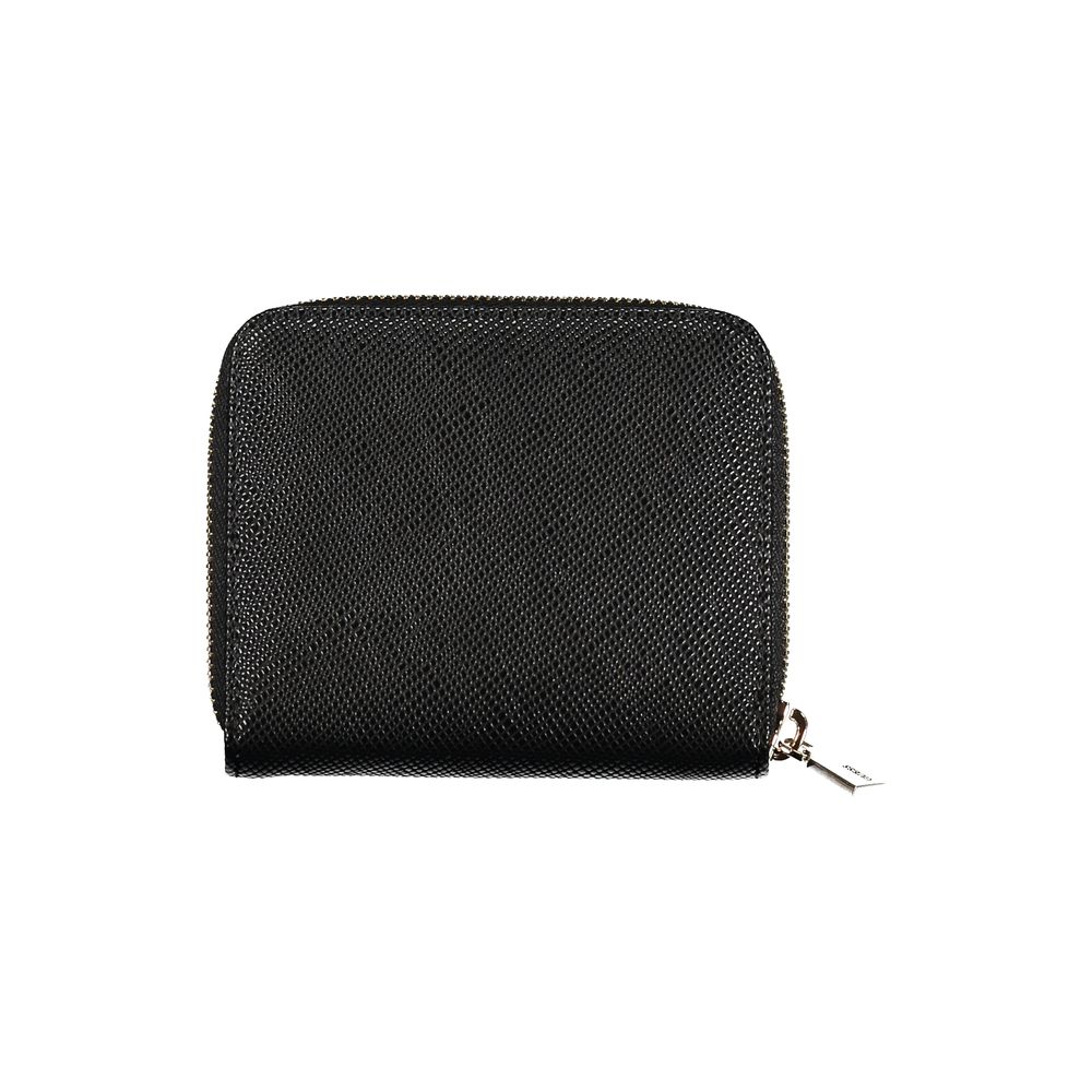 Guess Jeans Black Polyethylene Wallet with zip closure, card spaces, coin purse, and logo detail.