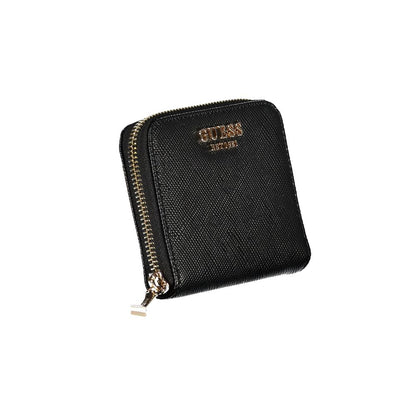 Guess Jeans Black Polyethylene Wallet with zip closure and logo, featuring card spaces and contrasting details.