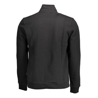 Back view of Napapijri Black Cotton Men Sweater with zip and logo embroidery for a stylish look.