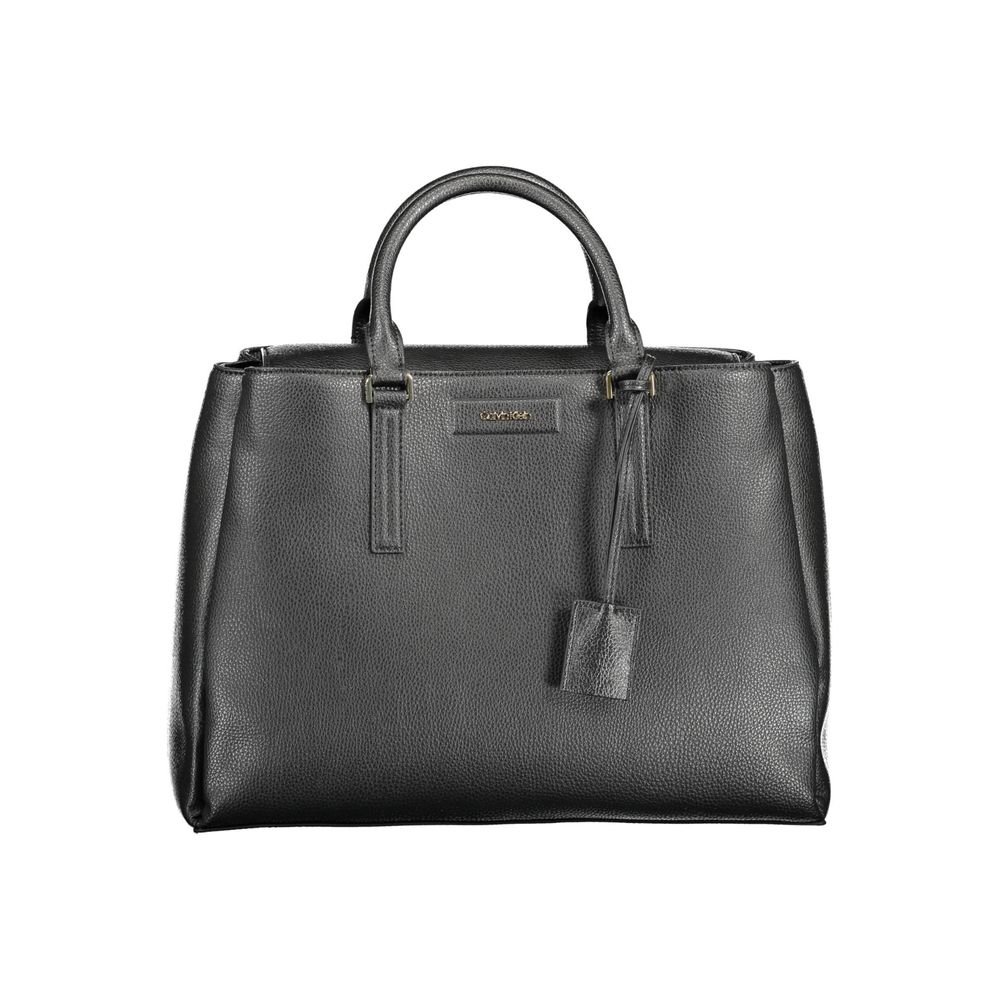 Calvin Klein Black Recycled Polyester Women Handbag with dual handles and removable shoulder strap, showcasing eco-chic elegance.