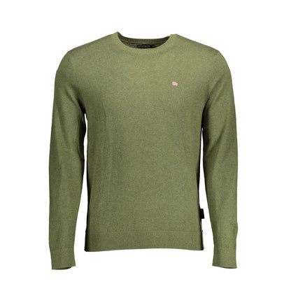 Napapijri Green Cotton Men Sweater with signature logo embroidery, long sleeve, crew neck design for casual style and comfort.