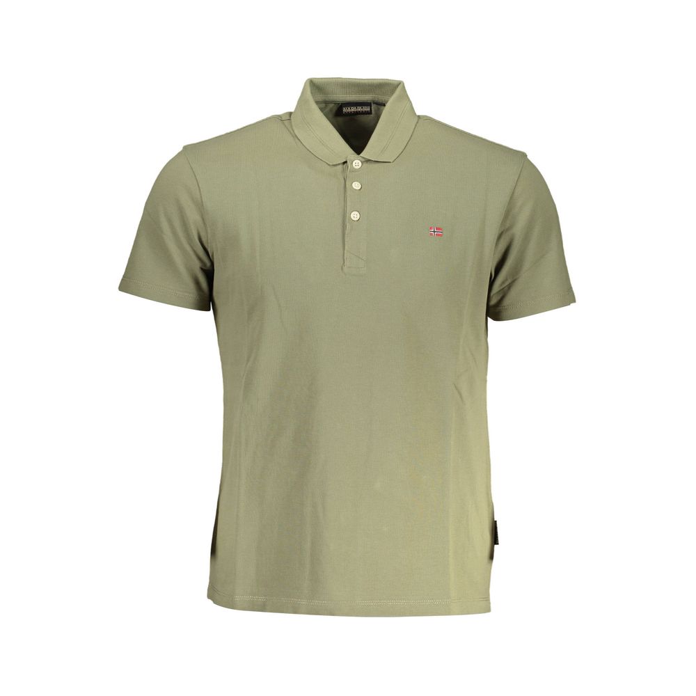 Napapijri Green Cotton Men Polo Shirt with embroidery, regular fit, three-button placket, and iconic logo.