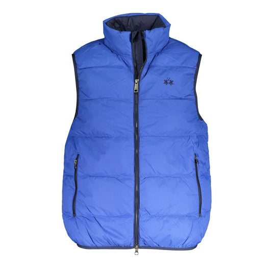 La Martina Blue Polyamide Men Jacket with sleeveless design and La Martina logo, featuring functional external and internal pockets.