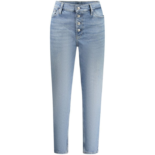 Calvin Klein Blue Cotton Women Jean with classic 5-pocket design and washed effect, ideal for fashion-forward individuals seeking comfort and style.