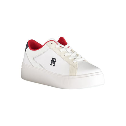 Tommy Hilfiger White Polyester Sneaker with contrast details, featuring laces and logo, sports footwear.