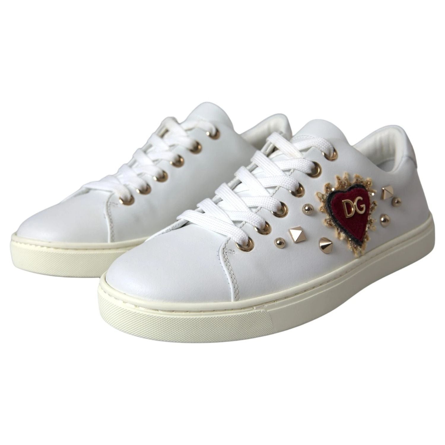 Dolce & Gabbana White Leather Gold Red Heart Sneakers Shoes