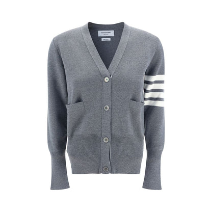 Thom Browne Gray Fleece Wool Cardigan with contrasting button front, open pockets, V-neck, and signature brand bands on sleeve