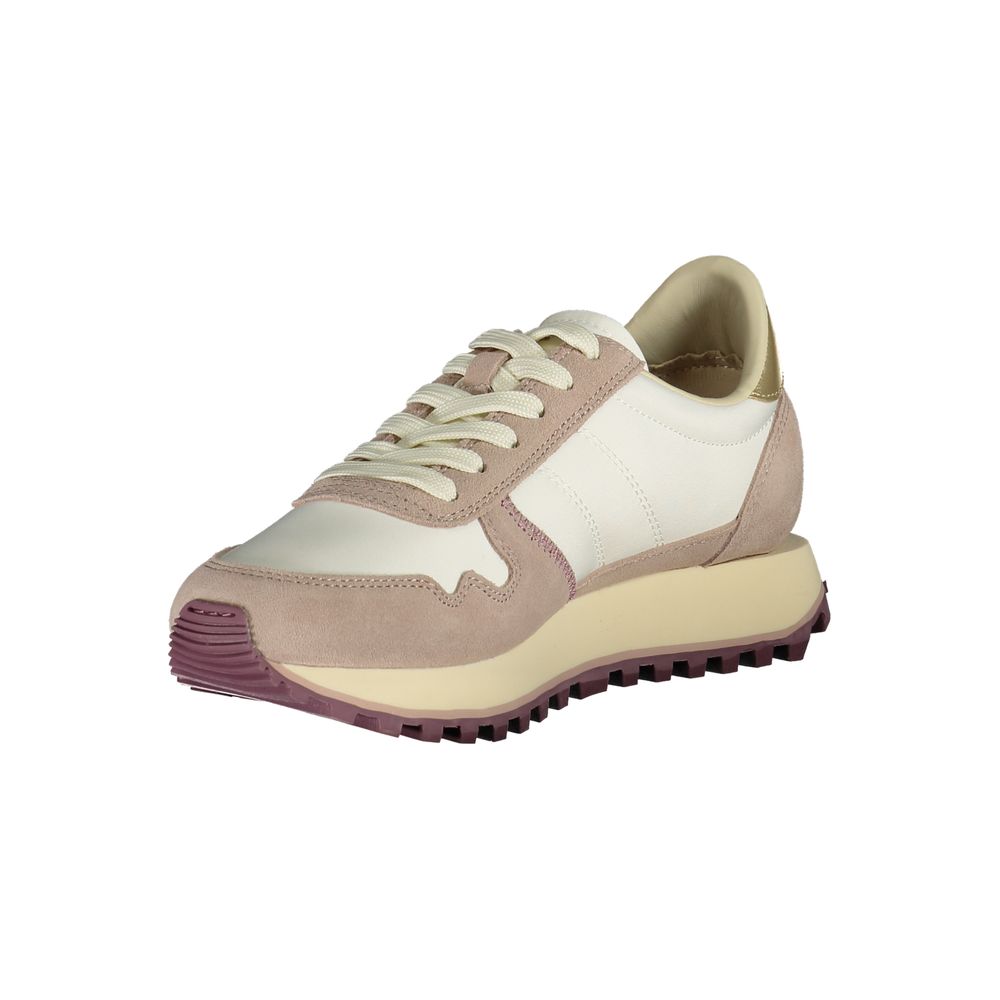 Blauer White Polyester Women Sneaker with purple and gold accents, sporty design, and customizable contrasting laces for urban chic style.