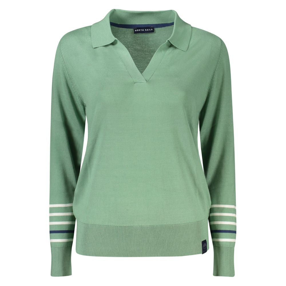 North Sails Green Cotton Women Sweater with V-neck and striped sleeves, exuding casual sophistication and trendsetting style for women.