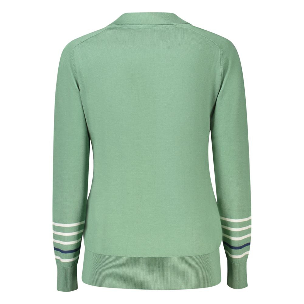 Back view of North Sails Green Cotton Women Sweater with long sleeves and striped cuffs.