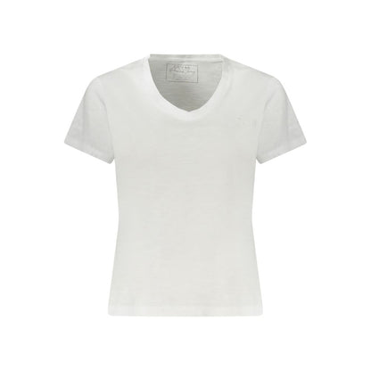 Guess Jeans White Cotton Women T-Shirt with V-neck and delicate embroidery, perfect for casual sophistication and everyday luxury style.