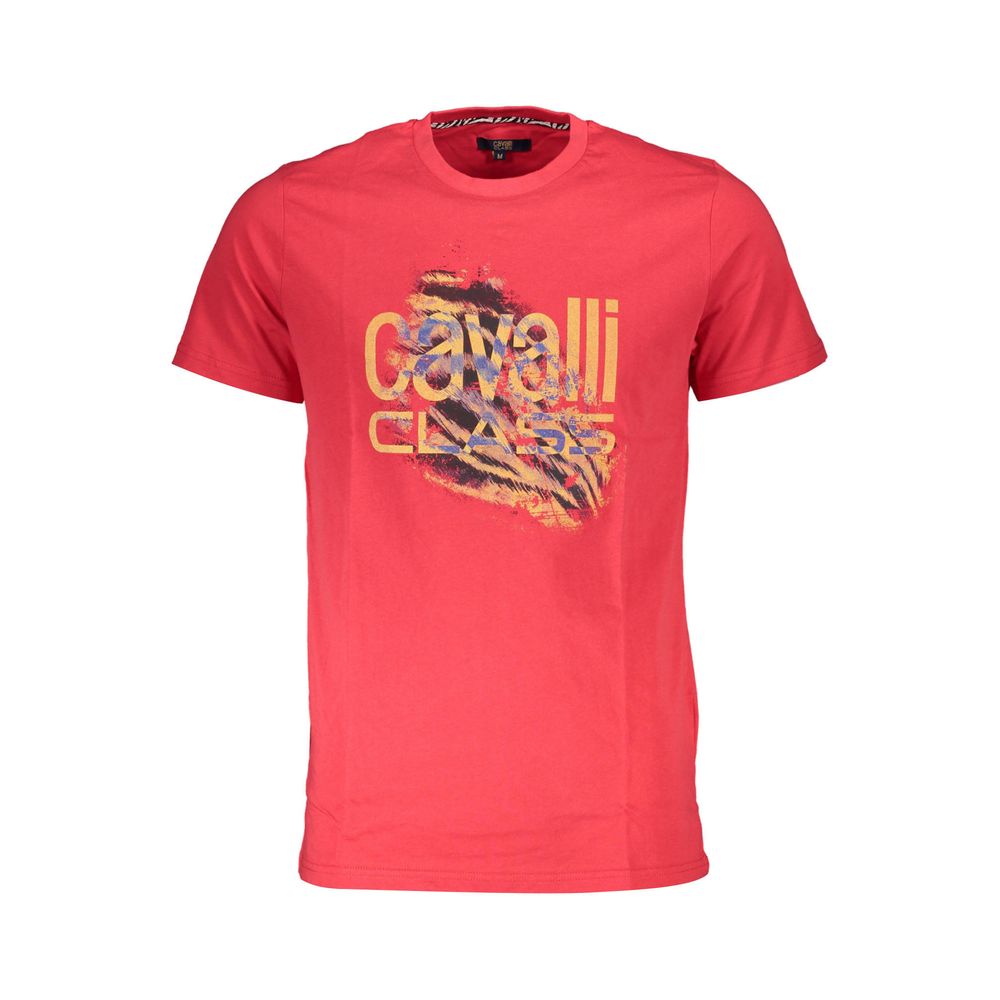 Cavalli Class Red Cotton Men T-Shirt with bold print design and crew neck, made from premium cotton for comfort.