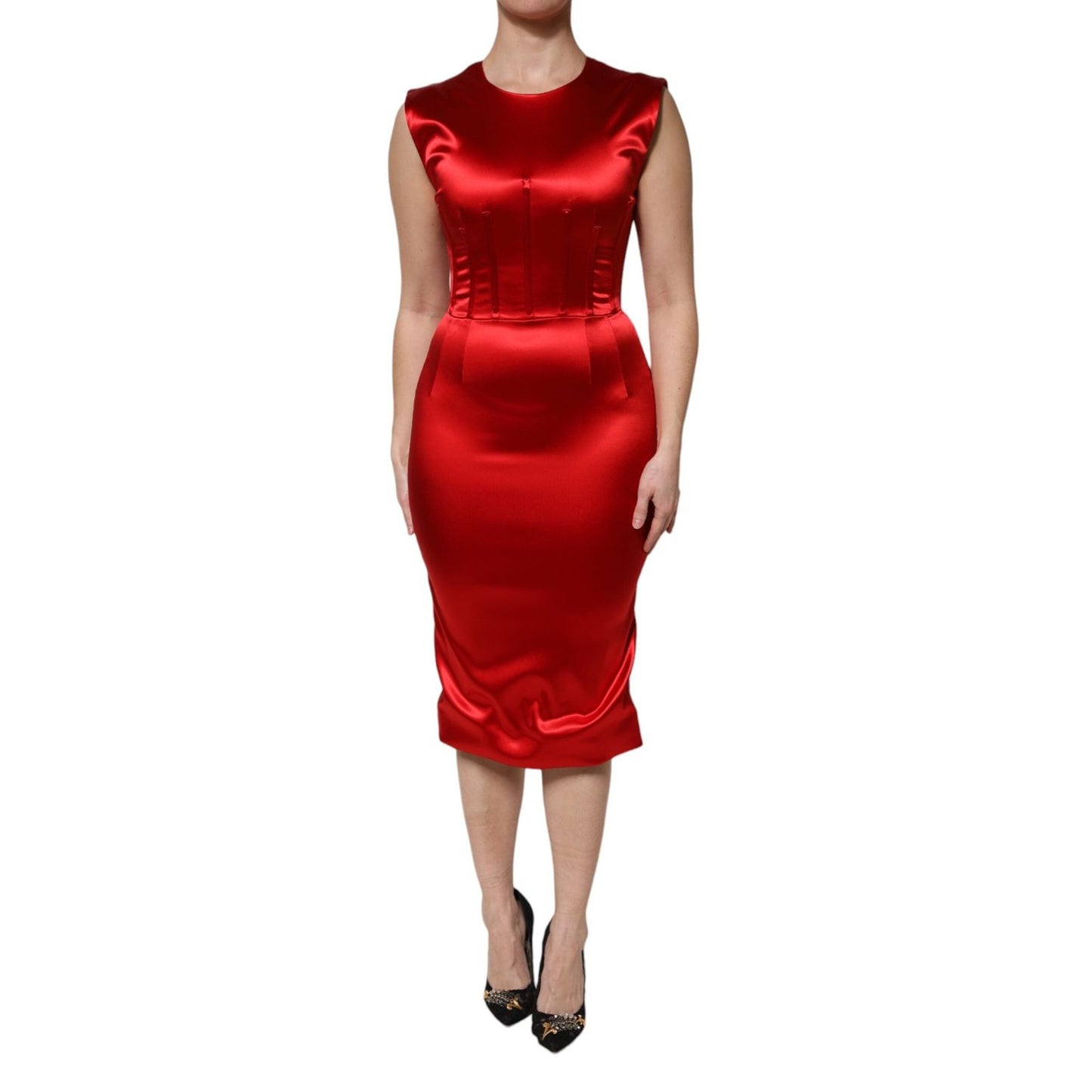 Dolce & Gabbana Red Acetate Sleeveless Sheath Midi Dress DR81727-40