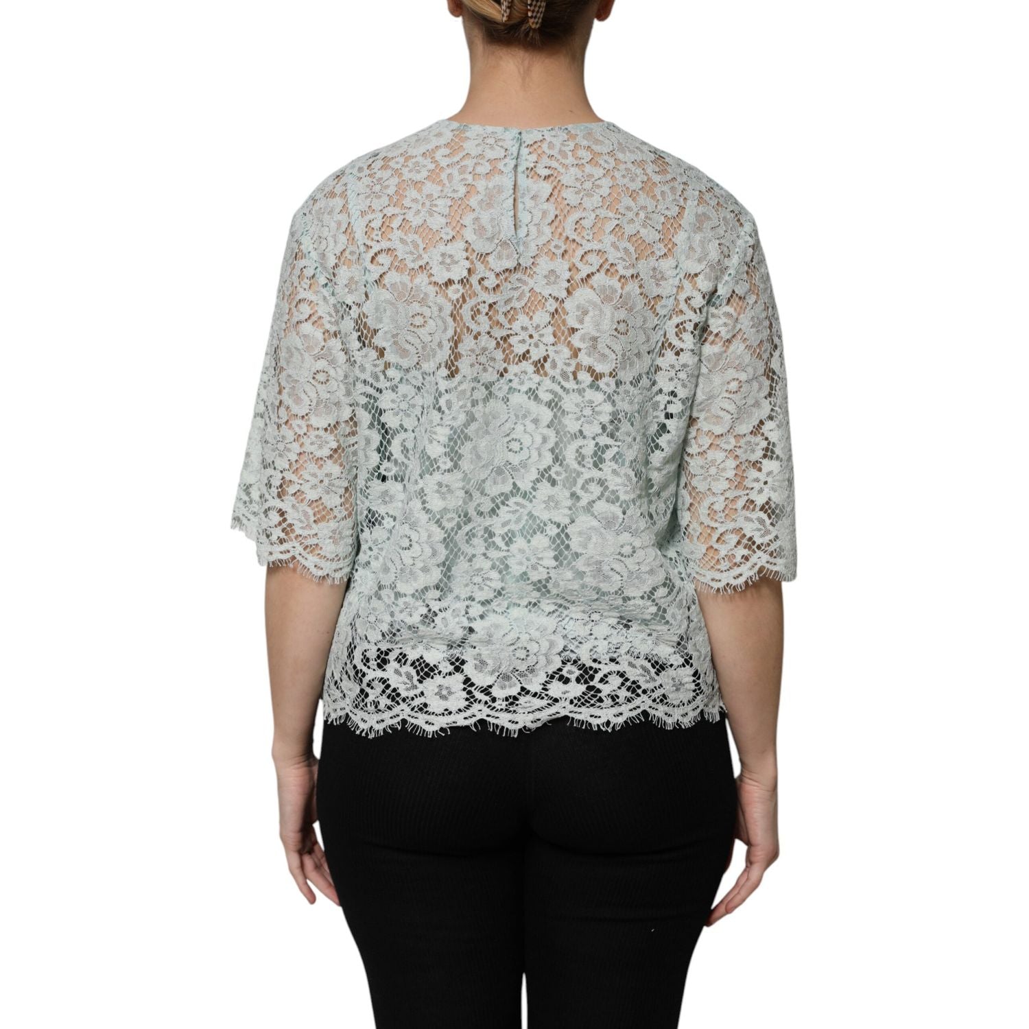 Dolce & Gabbana Mint Green Floral Lace Cotton Blouse Top