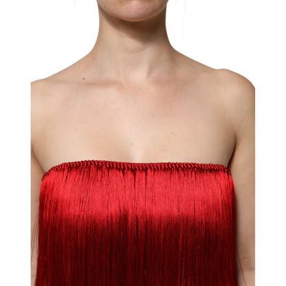 Dolce & Gabbana Red Silk Strapless Fringe Crop Tube Top