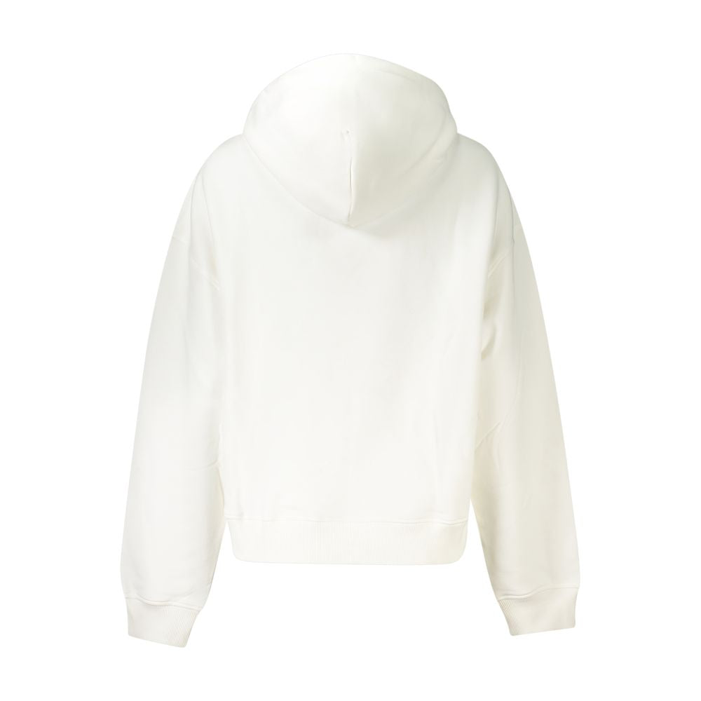 Back view of Tommy Hilfiger White Cotton Women Sweater with hood and long sleeves, featuring a minimalist design showcasing style and comfort.