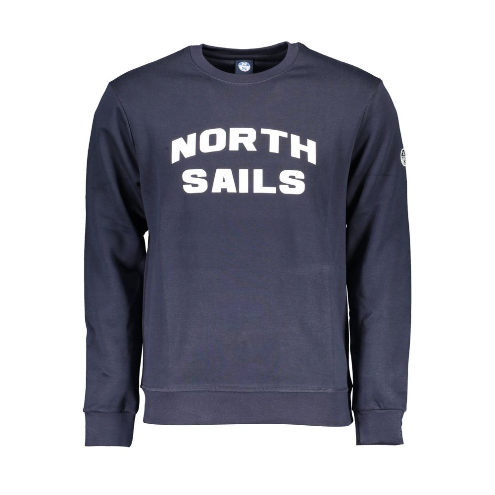 North Sails Blue Cotton Men Sweater, long-sleeve crew neck with bold logo print, blending comfort and style in a serene blue hue.