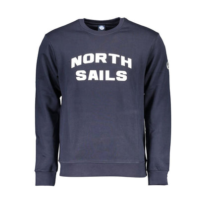 North Sails Blue Cotton Men Sweater, long-sleeve crew neck with bold logo print, blending comfort and style in a serene blue hue.