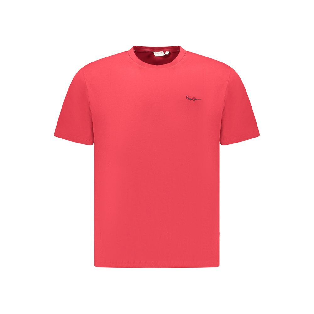 Pepe Jeans Red Cotton Men T-Shirt with crew neck and logo embroidery, crafted from sustainable fabric for eco-conscious fashion.