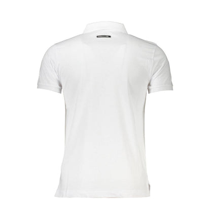 Back view of Cavalli Class White Cotton Men Polo Shirt with logo, showcasing elegant design and comfort for fashion-forward men.