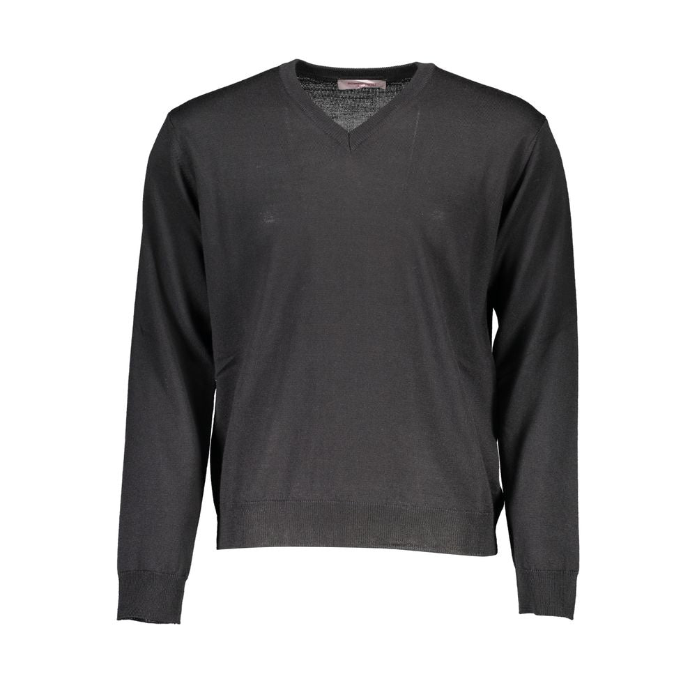 Romeo Gigli Black Wool Men Sweater - V-neck, long sleeves, Italian craftsmanship.