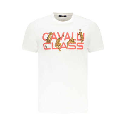 Cavalli Class White Cotton Men T-Shirt with bold print and Cavalli logo on front