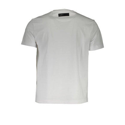 Plein Sport White Cotton Men T-Shirt with short sleeves and V-neck design, featuring a distinctive print and logo.