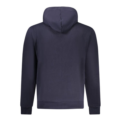 Back view of Napapijri Blue Cotton Sweatshirt with hood and central pocket, featuring contrasting details and logo print.
