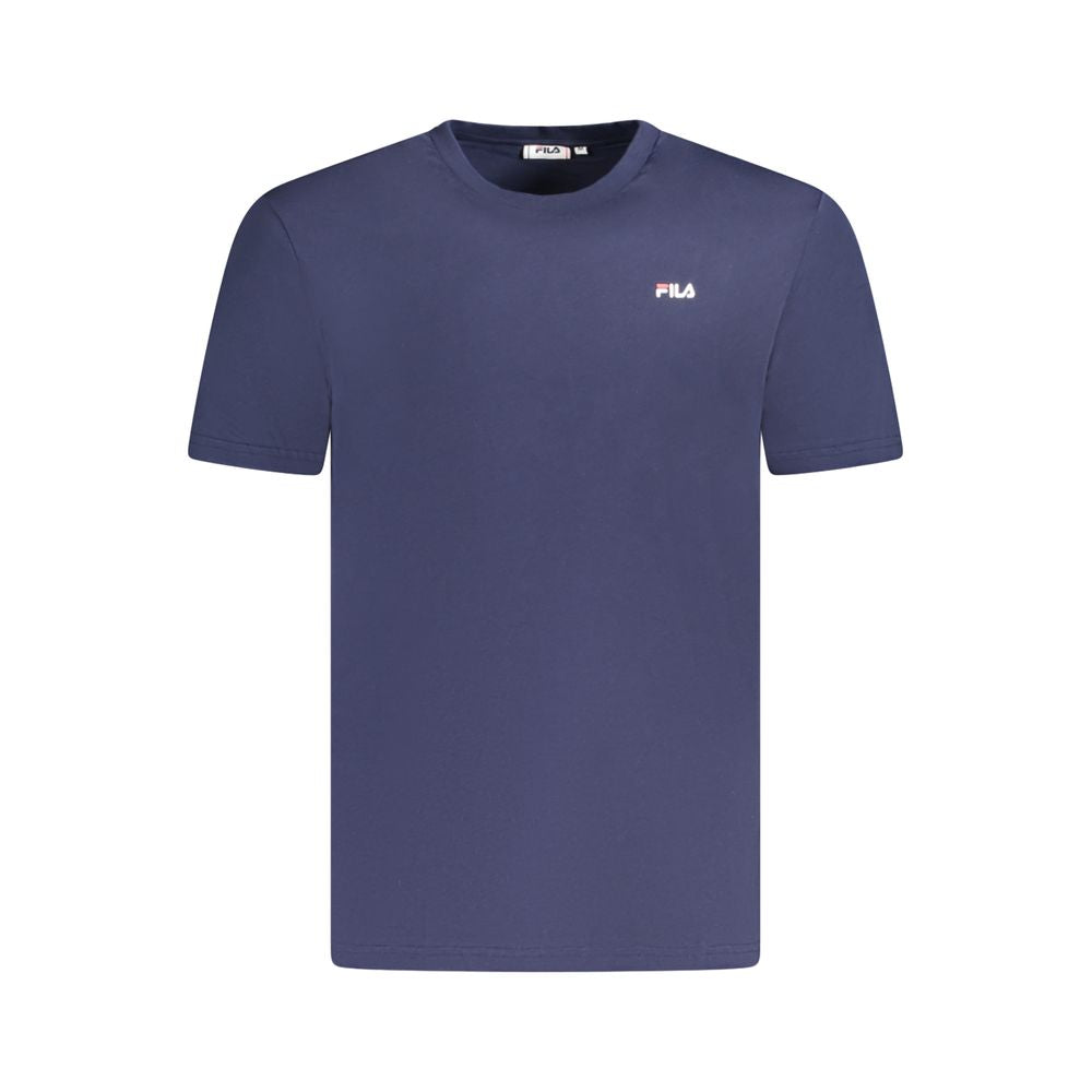 Fila Blue Cotton Men T-Shirt, showcasing an iconic design with bold logo, made from 100% organic cotton for comfort and sustainability.