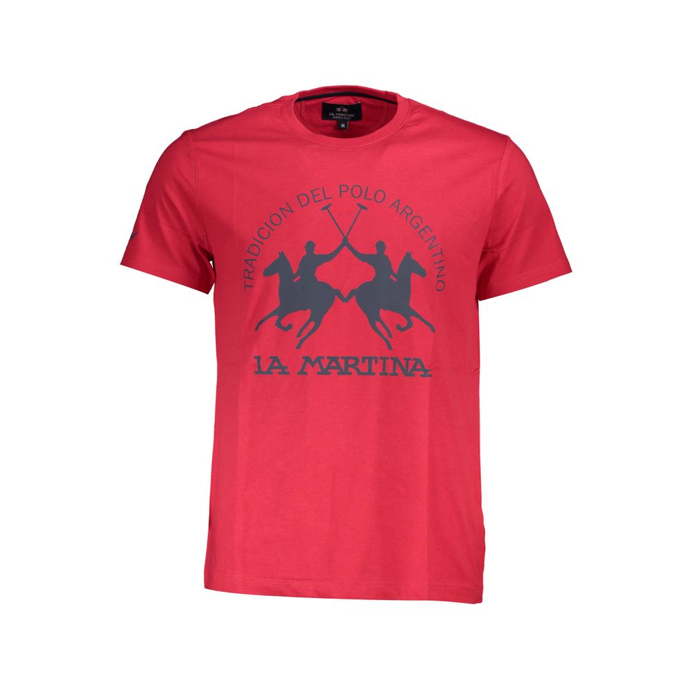 La Martina Red Cotton Men T-Shirt with print and logo, classic crew neck, short sleeve, stylish and comfortable fashion piece.
