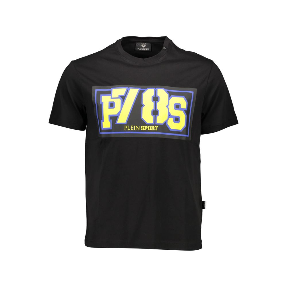 Plein Sport Black Cotton Men T-Shirt with bold print and vibrant accents, short sleeve crew neck, athletic comfort and style.
