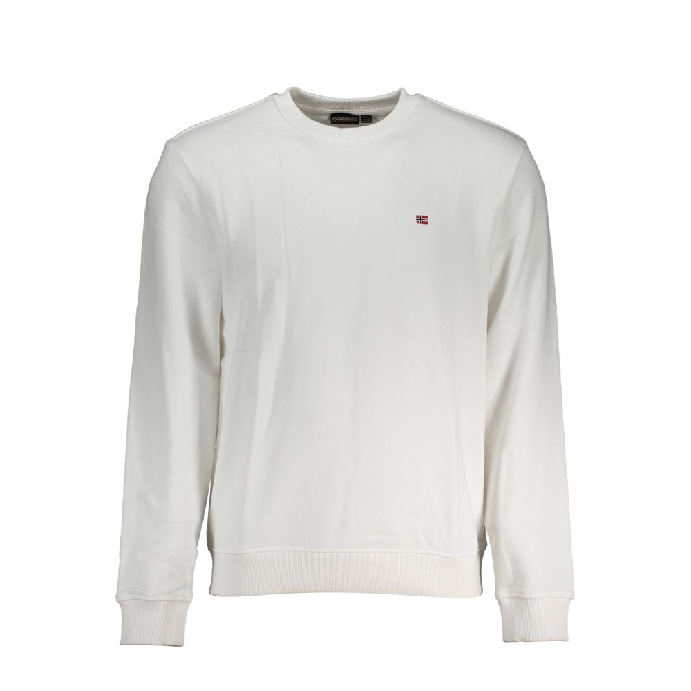 Napapijri White Cotton Men Sweater with logo embroidery, crew neck, and long sleeves, ideal for casual wear.