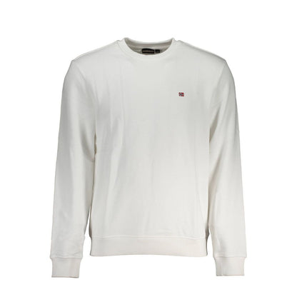 Napapijri White Cotton Men Sweater with logo embroidery, crew neck, and long sleeves, ideal for casual wear.