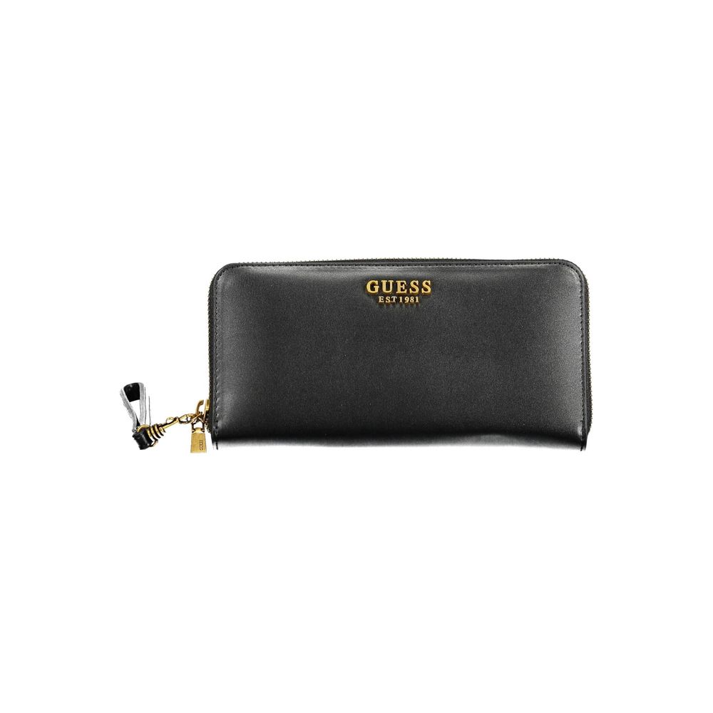 Alt Tag: Guess Jeans Black Polyethylene Women Wallet with zip closure and four compartments, stylish design for modern fashionista.