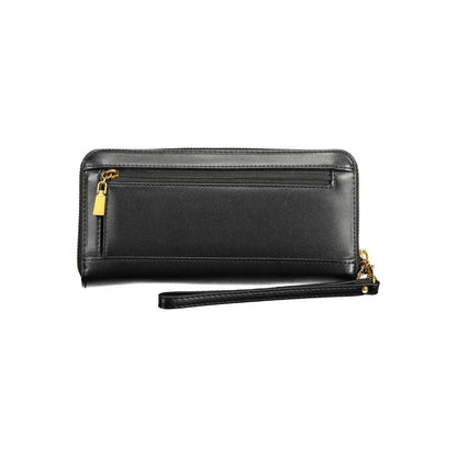 Guess Jeans Black Polyethylene Women Wallet with zip closure and external pocket, featuring gold accents, sleek and elegant design.