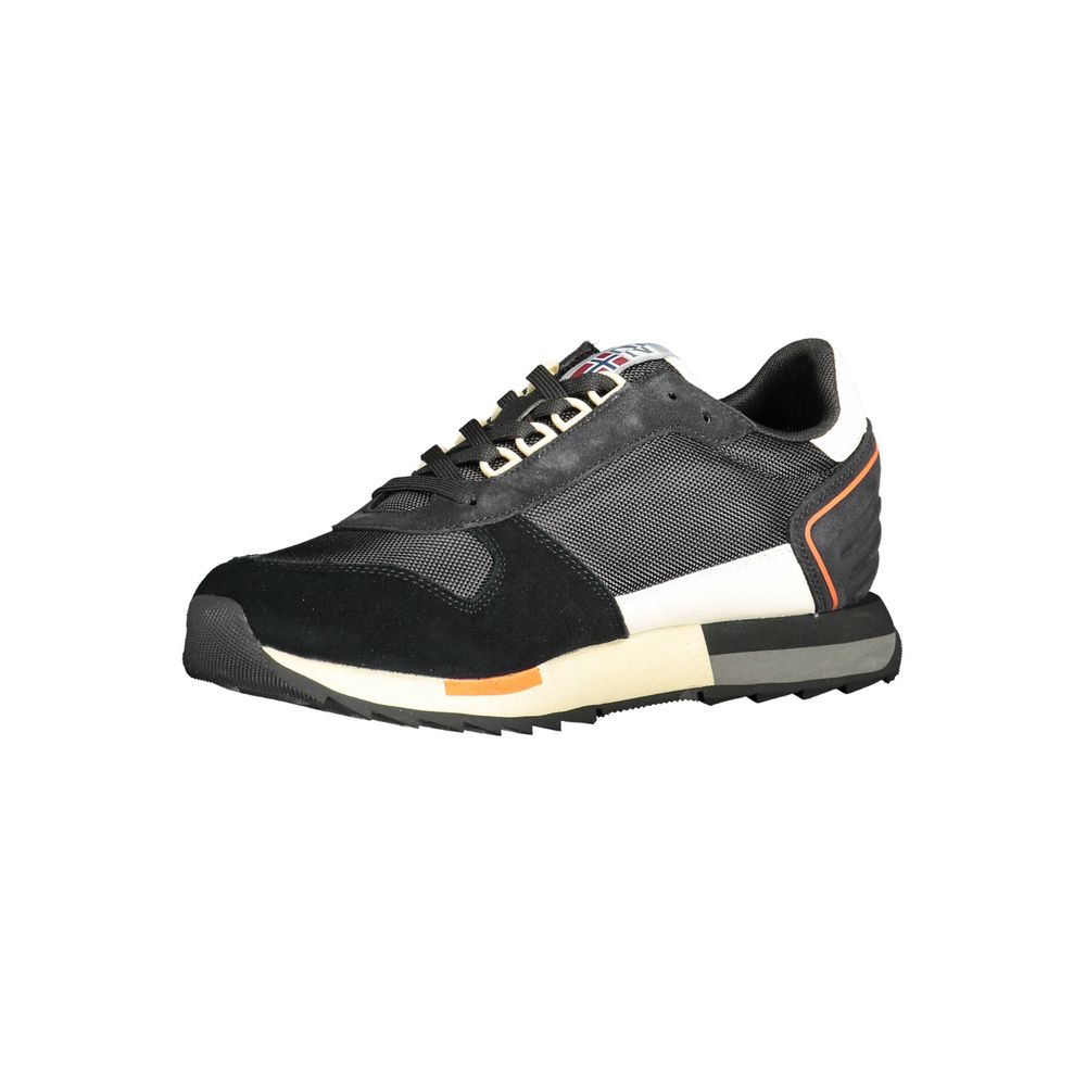 Napapijri Black Leather Men Sneaker with chic black hue and contrasting details showcasing sophisticated athleisure design.